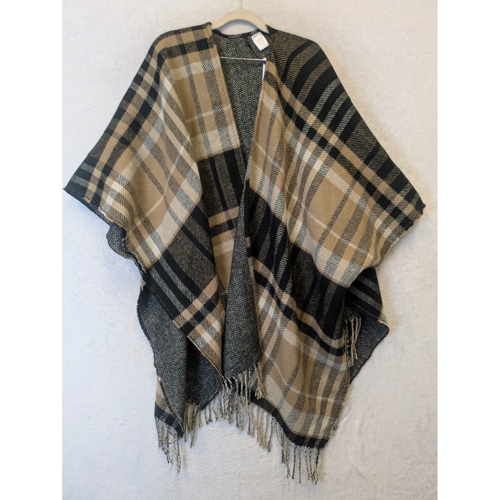 Liz Claiborne Reversible Plaid Herringbone Poncho Neutral Tan Black One Size NWT